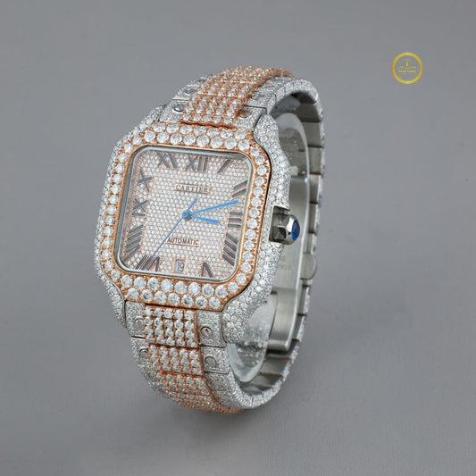 Exquisite Two-Tone Diamond Watch Studded Luxury Timepiece with Roman Dial and Paved wristwatch