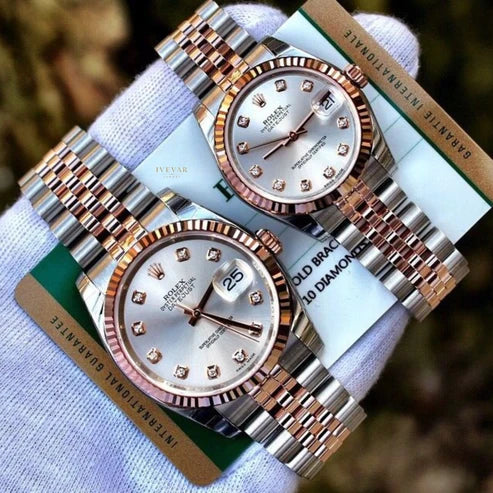 Royal Rose Gold Diamond Date Collection Luxury His & Hers Automatic Timepieces with Timeless Elegance
