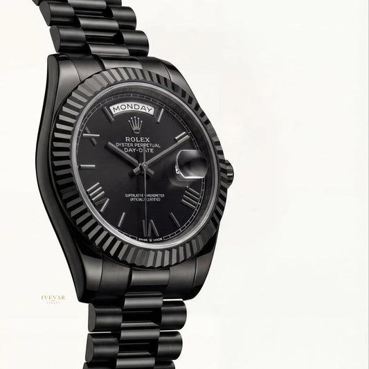 Black Signature Set Luxury Watch with Round Cut Moissanite Diamond Solitaire