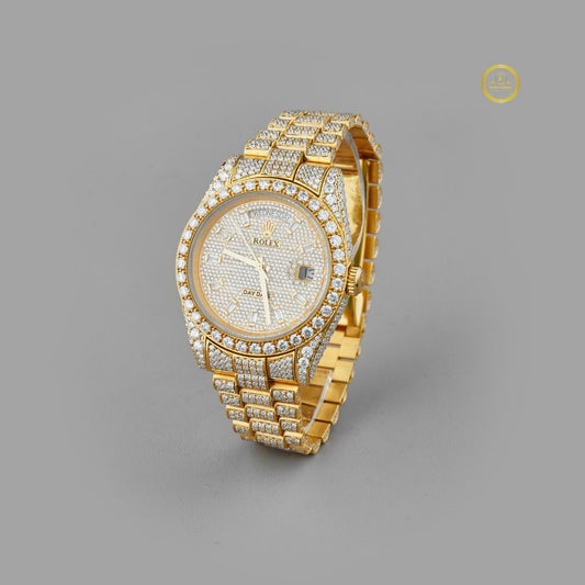 Exquisite Solid Yellow Gold Fully Iced-Out Diamond Watch Timepiece with Pave Set Dial