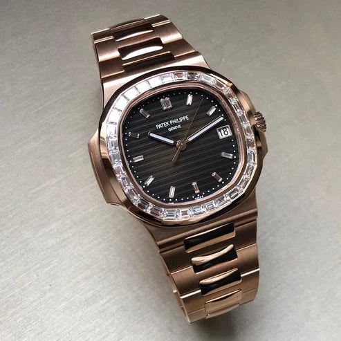 Rose Gold Diamond Baguette Bezel Luxury Sports Watch with Black Dial