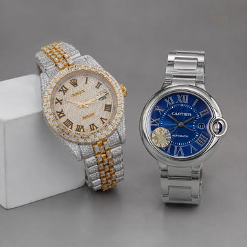 Elite Prestige Collection – Sapphire Blue Face Watch & Moissanite Diamond Two Tone Gold And Silver Watch