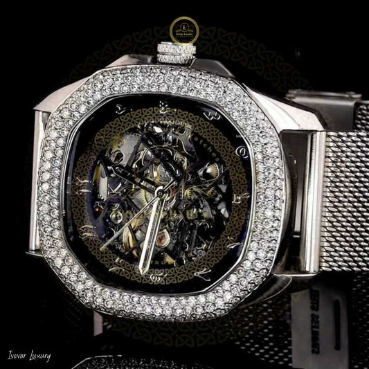Ivevar Luxury Men's Watch Hand Set VVS Diamonds on Stainless Steel Band