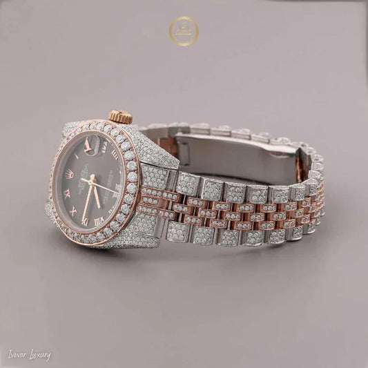 Sustainable Two-Tone Diamond Watch Encrusted Luxury Watch with Black Roman Dial By Ivevar Luxury