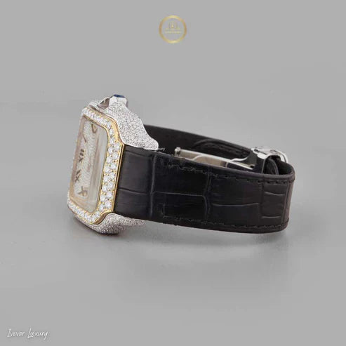 Exquisite Diamond Watch-Studded Square Luxury Timepiece with Roman Numerals and Black Leather Strap