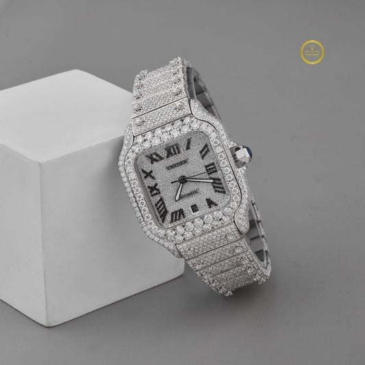 Magnificent Fully Iced-Out Diamond Timepiece with Bold Black Roman Numerals and Exquisite Luxury Design