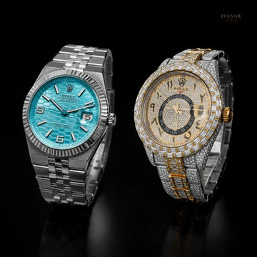 Royal Luxe Timepiece Set Moissanite Baguette And Round Diamond Detail & Ice Blue Sophistication