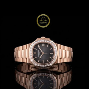 Rose Gold Diamond Baguette Bezel Luxury Sports Watch with Black Dial