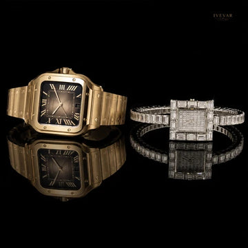 Executive Gold Square Dial And Crystal Watch Pair Collection
