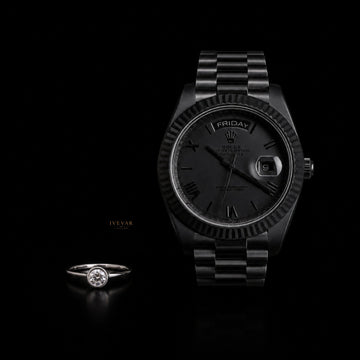 Black Signature Set Luxury Watch with Round Cut Moissanite Diamond Solitaire