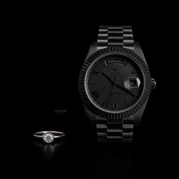 Black Signature Set Luxury Watch with Round Cut Moissanite Diamond Solitaire
