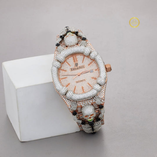 Luxury Iced Out Rose Gold Skull Watch Diamond Style Statement Wristwatch
