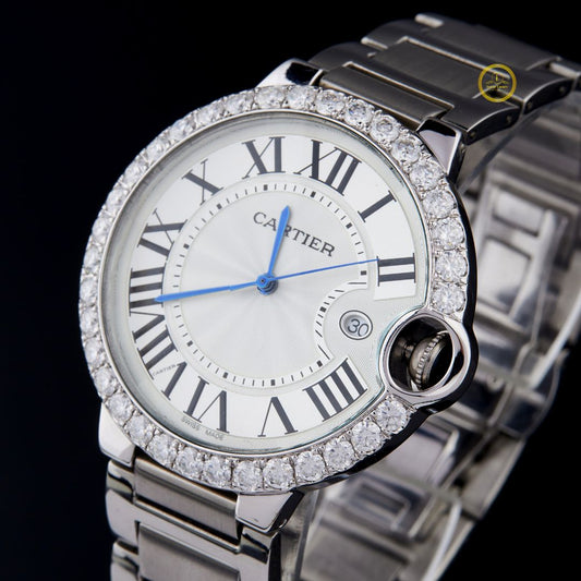 Elegant Round Luxury Timepiece with Diamond Watch-Set Bezel, Roman Numeral Dial, and Stainless Steel Bracelet