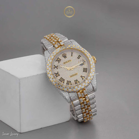 Imperial Gold and Silver Diamond Watch Encrusted Roman Luxury Timepiece with Full Pavé Dial and Baguette-Cut Detailing