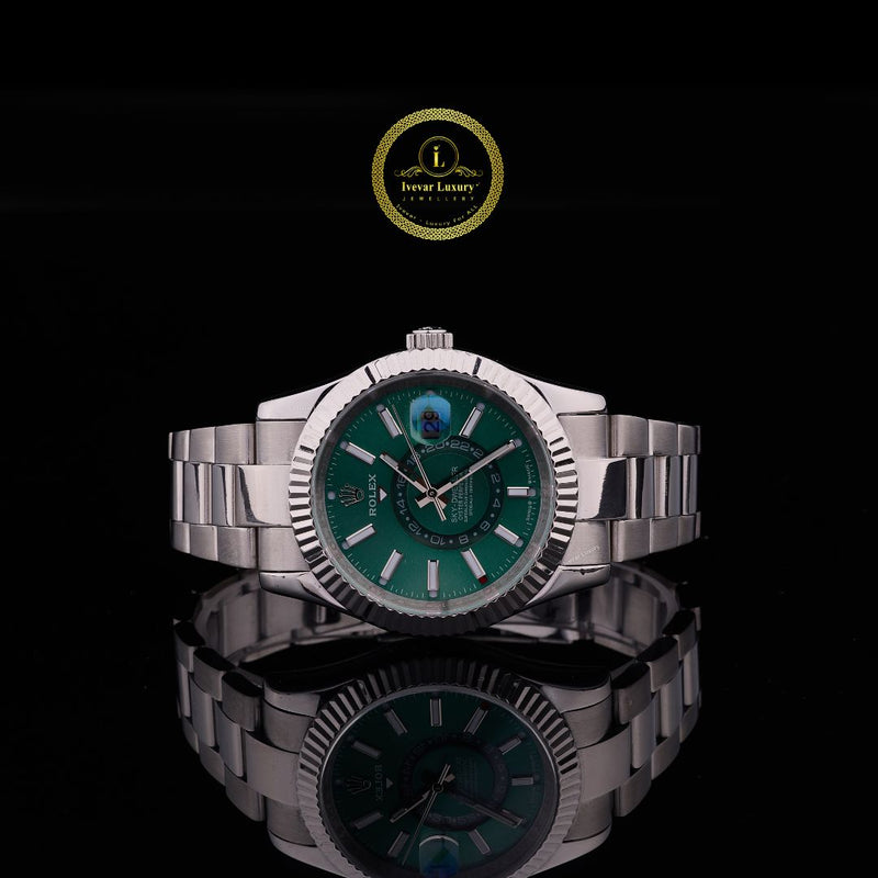 Elite Sky-Edition Executive Watch Emerald Green Dial with Fluted Bezel & Oyster Bracelet