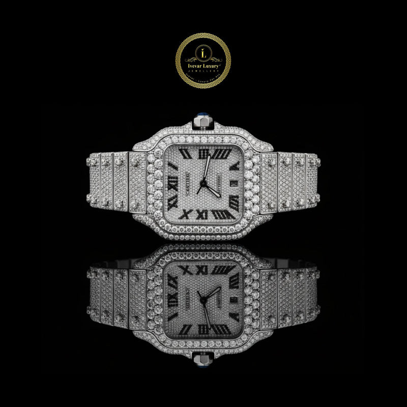 Magnificent Fully Iced-Out Diamond Timepiece with Bold Black Roman Numerals and Exquisite Luxury Design