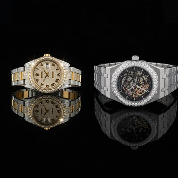 Premium Iced-Out Watch Duo – Crystal-Encrusted Gold Watch and Skeleton Automatic Watch By Ivevar