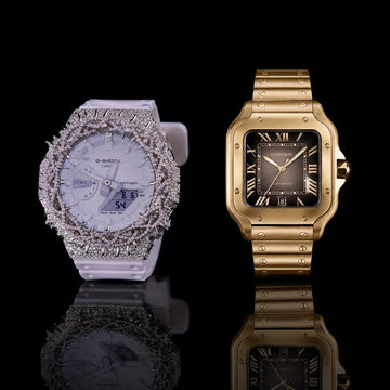 Luxury Half Iced-Out White Watch & Gold Square Dial Watch – Premium Dual Timepiece Collectio