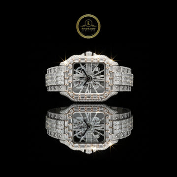 Luxurious Skeleton Diamond Diamond Timepiece with Baguette-Cut Detailing and Transparent Mechanical Design