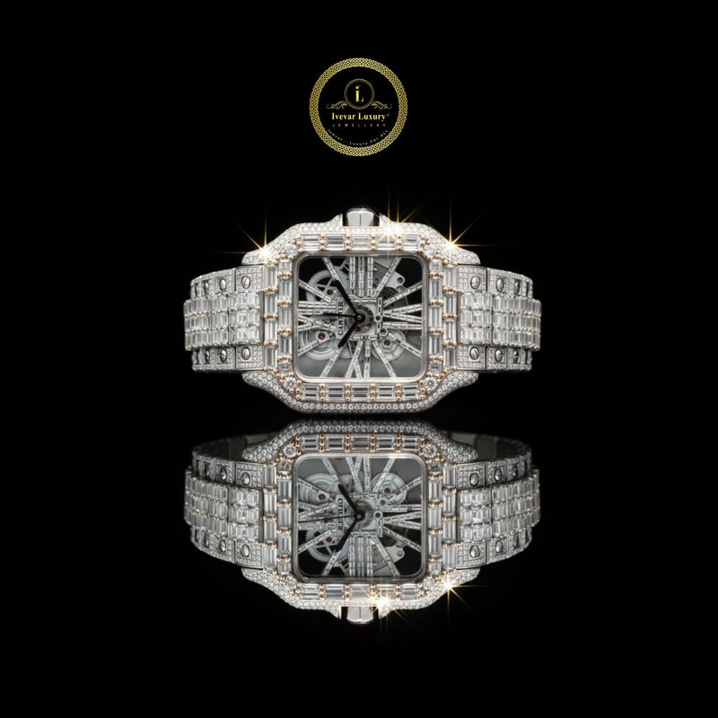 Luxurious Skeleton Diamond Diamond Timepiece with Baguette-Cut Detailing and Transparent Mechanical Design