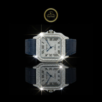 Elegant Diamond-Set Square Luxury Watch with Blue Leather Strap and Roman Numeral Dial