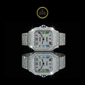 Exquisite Fully Iced-Out Diamond Watch Luxury Timepiece with Vibrant Multicolor Roman Numerals and Brilliant Diamond Detailing