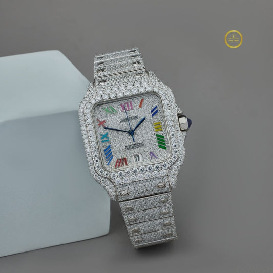 Exquisite Fully Iced-Out Diamond Watch Luxury Timepiece with Vibrant Multicolor Roman Numerals and Brilliant Diamond Detailing