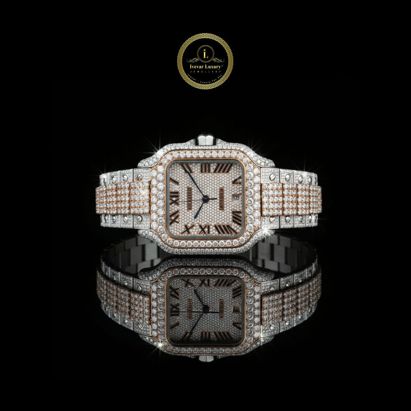 Exquisite Two-Tone Diamond Watch Studded Luxury Timepiece with Roman Dial and Paved wristwatch