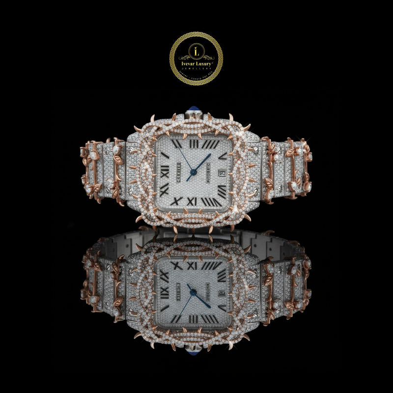 Magnificent Diamond Watch Studded Two-Tone Luxury Timepiece with Roman Dial and Intricate Rose Gold Detailing