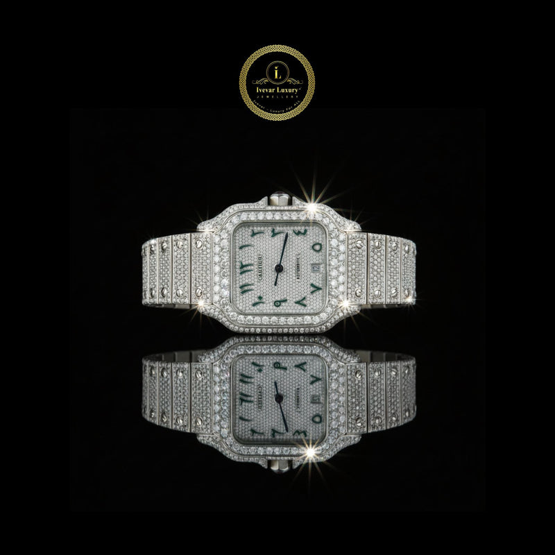 Stunning Diamond Set Luxury Watch with Emerald Green Numerals and Pave Dial Design