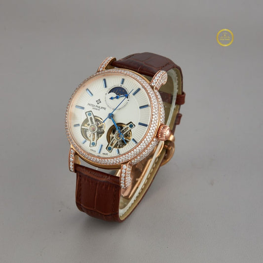 Luxurious Diamond Watch with Diamonds & Leather Strap – Elegant Mechanical Timepiece