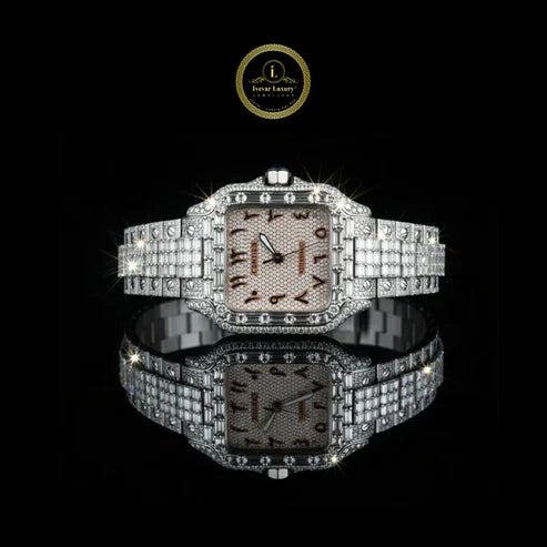 Luxury Statement Watch Duo – Silver Baguette Full Iced Automatic And Black Chronograph Watch