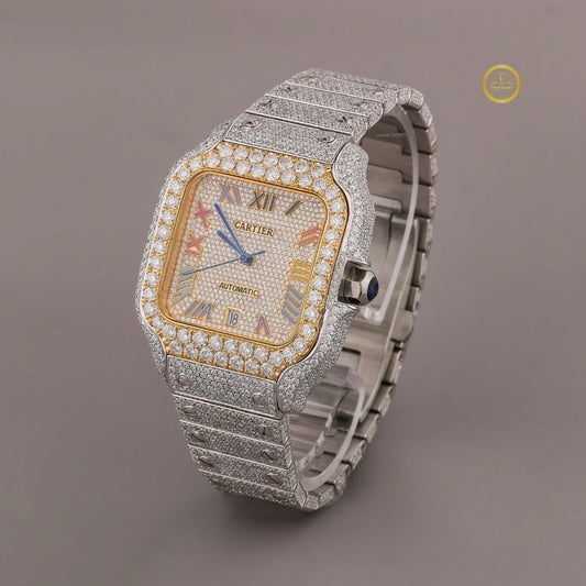 Luxurious Diamond-Encrusted Automatic Watch with Two-Tone Bezel and Multicolor Roman Numeral Dial