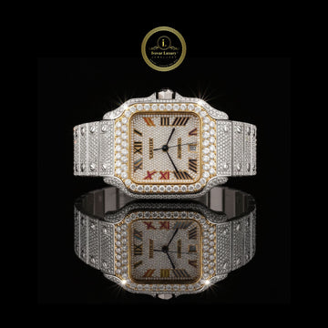 Luxurious Diamond-Encrusted Automatic Watch with Two-Tone Bezel and Multicolor Roman Numeral Dial