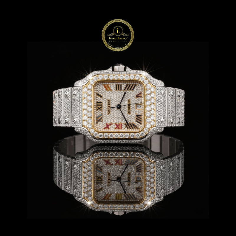 Luxurious Diamond-Encrusted Automatic Watch with Two-Tone Bezel and Multicolor Roman Numeral Dial
