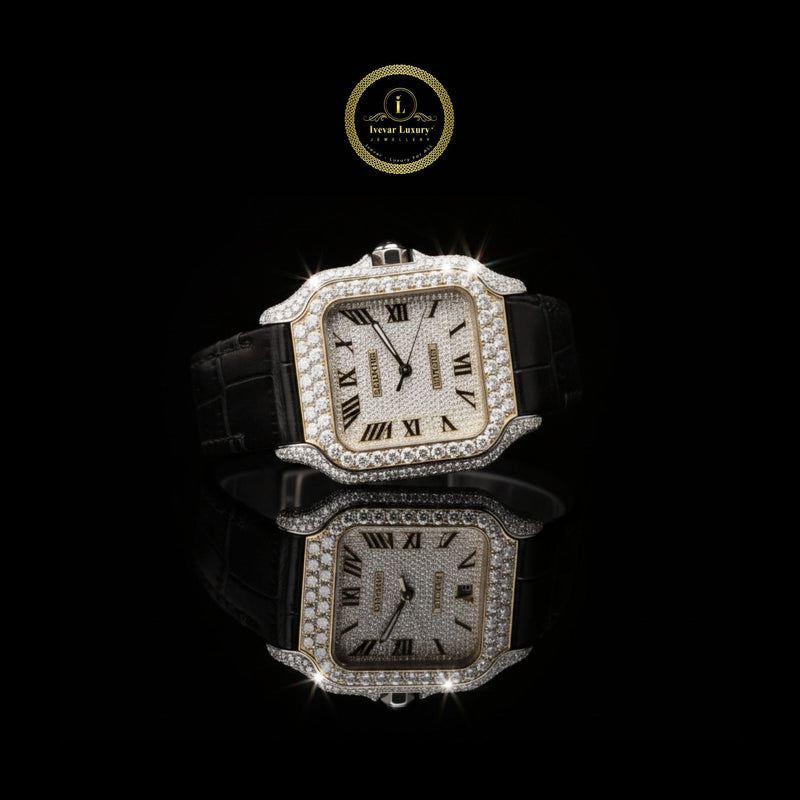 Exquisite Diamond Watch-Studded Square Luxury Timepiece with Roman Numerals and Black Leather Strap
