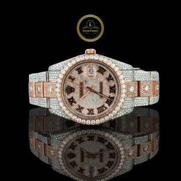 Full Iced Out Two-Tone Day-Date Watch with Black Roman Diamond Dial