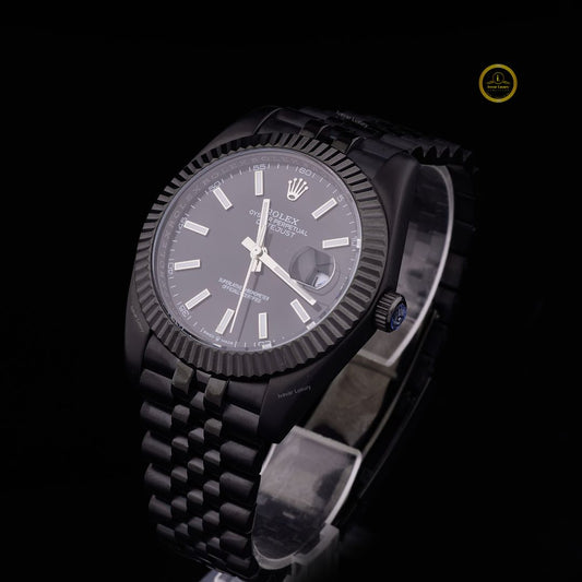 Elite Stealth Executive Watch – Matte Black PVD Finish with Fluted Bezel & Jubilee Bracelet
