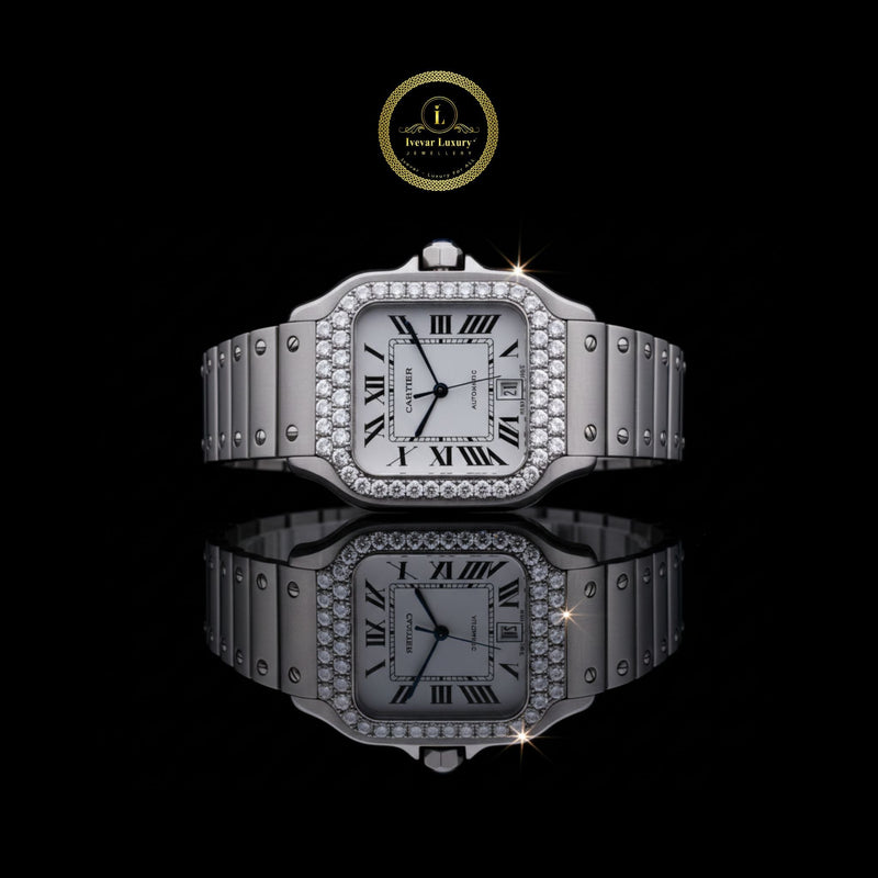 Elegant Stainless-Steel Luxury Timepiece with Diamond-Set Bezel and Classic Roman Numeral Dial
