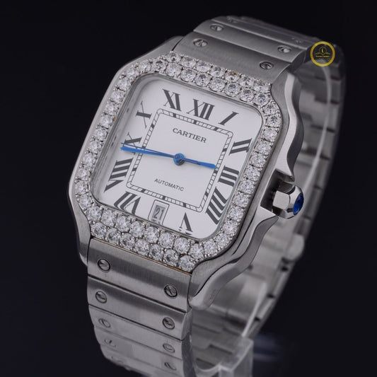Elegant Stainless-Steel Luxury Timepiece with Diamond-Set Bezel and Classic Roman Numeral Dial