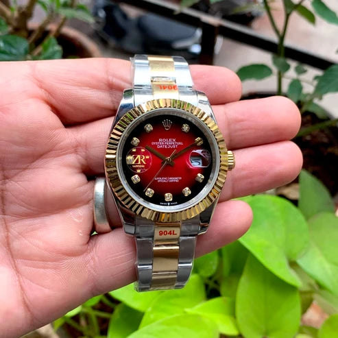 Red Sunburst Diamond Dial Two-Tone Automatic Date Watch