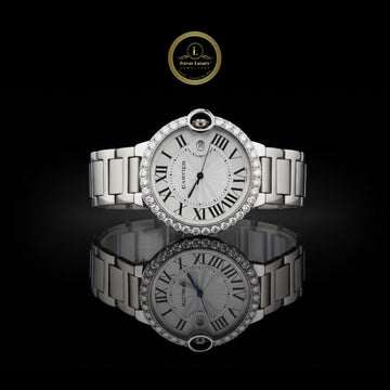 Elegant Round Luxury Timepiece with Diamond Watch-Set Bezel, Roman Numeral Dial, and Stainless Steel Bracelet