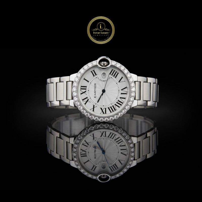 Elegant Round Luxury Timepiece with Diamond Watch-Set Bezel, Roman Numeral Dial, and Stainless Steel Bracelet