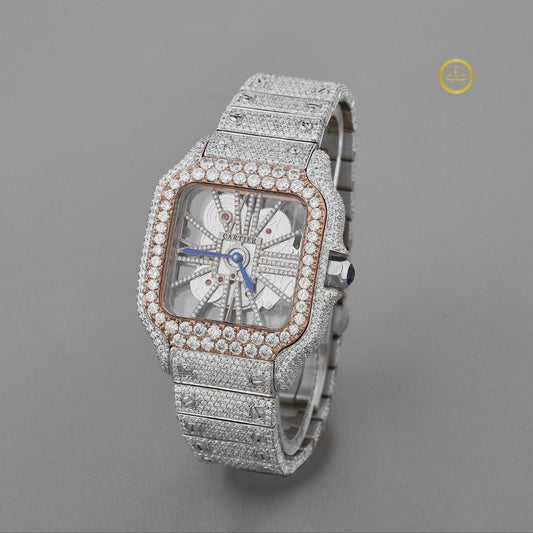 Exquisite Skeleton Diamond Luxury Watch with Square Case and Fully Iced-Out Bracelet