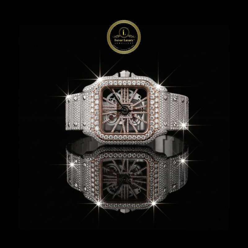 Exquisite Skeleton Diamond Luxury Watch with Square Case and Fully Iced-Out Bracelet