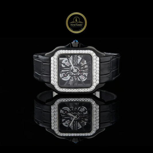 Luxury Black Leather Band Bezel Statement Watch With Rose Gold Ice Out Watch For Men's By Ivevar