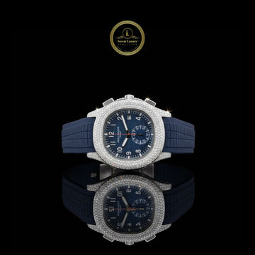 Elegant Blue Rubber strap half iced Diamond Watch Luxury Watch with Sparkling