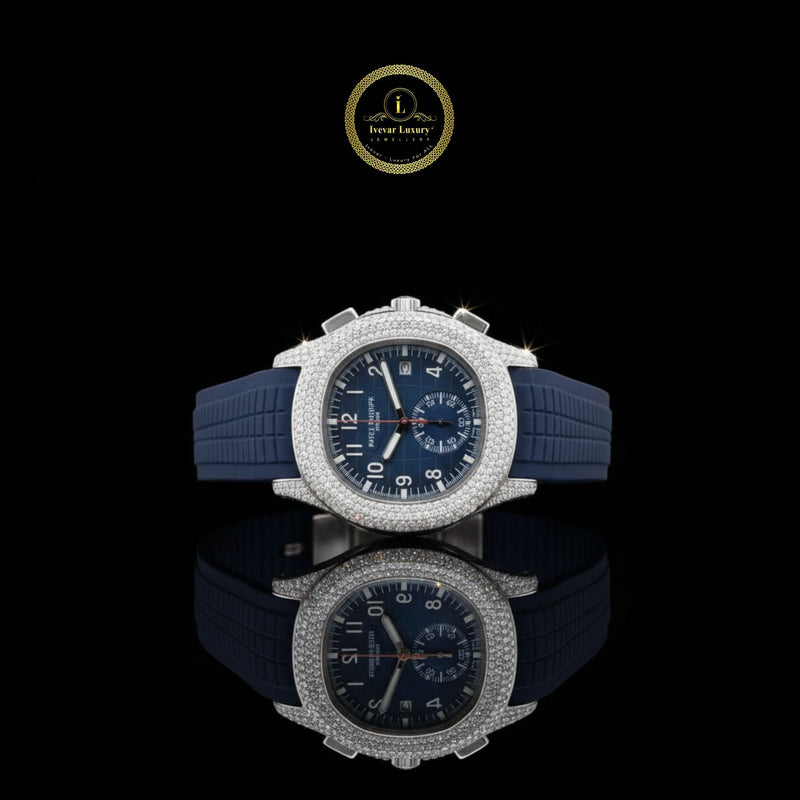 Elegant Blue Rubber strap half iced Diamond Watch Luxury Watch with Sparkling