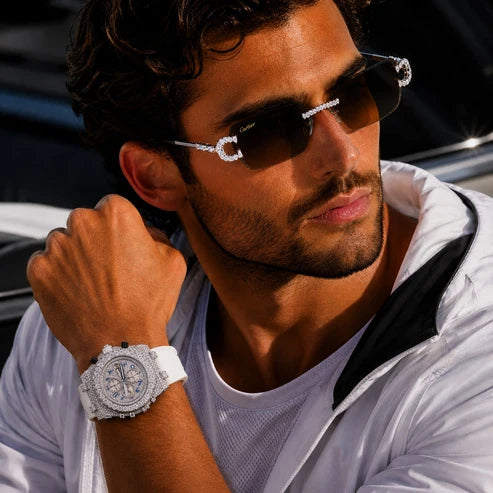 Diamond Monarch Collection Full Pavé Luxury Chronograph Watch And Signature Moissanite Diamond Eyewear Set