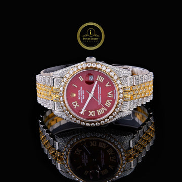 Diamond Iced Two Tone Luxury Bracelet Timepiece with Royal Red Dial Moissanite Diamond By Ivevar